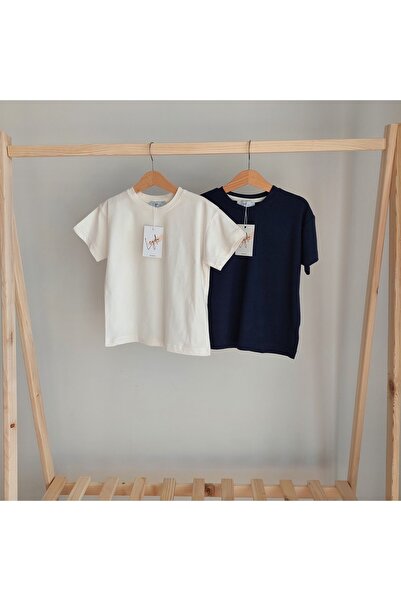 Leydukids Unisex Girl Boy Comfortable Fit Cotton Baby Kids Ecru and Navy Blue 2-Piece T-shirt