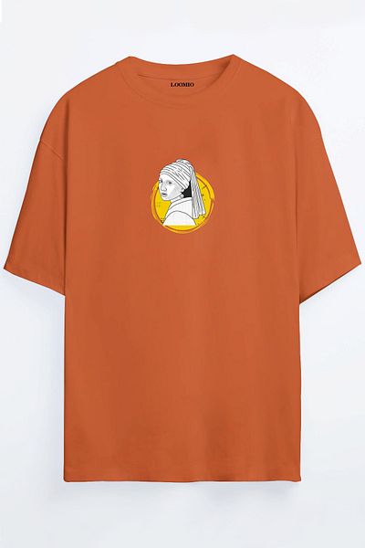 MELADYAN Girl with Pearl Earrings Digital Printed Unisex Orange Oversize T-Shirt