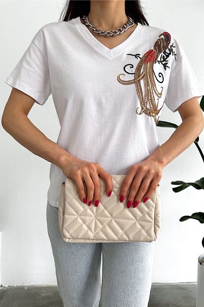 FEMELLE Tricou alb pentru femei, cu decolteu în V, cu pasăre, cu paiete brodat, 100% bumbac