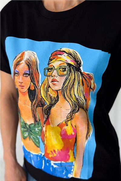 FEMELLE Tricou negru din bumbac imprimat nou sezon pentru femei