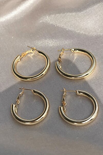 Bade Takı Kadın Gold Kalın Halka Küpe 4'lü Kombin Set