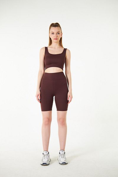 THIFF GYMWEAR Καφέ ψηλόμεσο σορτς αθλητικό κολάν ποδηλάτης με ραβδώσεις
