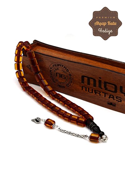 Midyat Nurtaş Gümüş Transparent Brown Fire Amber Prayer Beads with Silver Tas...