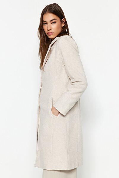 Trendyol Collection Długi wełniany płaszcz ze stemplem w kolorze kamienia TWOAW24KB00019