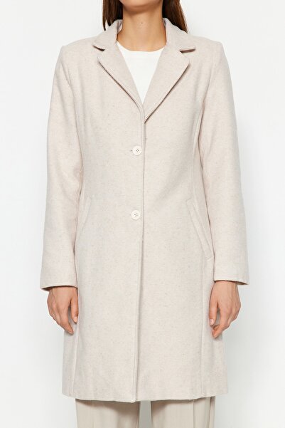 Trendyol Collection Długi wełniany płaszcz ze stemplem w kolorze kamienia TWOAW24KB00019