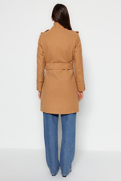 Trendyol Collection Soft Cashmere Coat with Gold Buttons and Belt - Camel Twoaw24kb00006