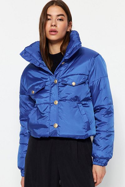 Trendyol Collection Saks Blue Gold Button Detailed Quilted Puffer Jacket TWOAW24MO00052