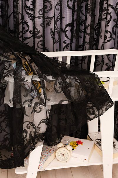 Ta-Ha Perde ve Halı Shawl Pattern Black Knitted Inner Tulle and Background Complete Set Sparse Pleat Tulle Curtain