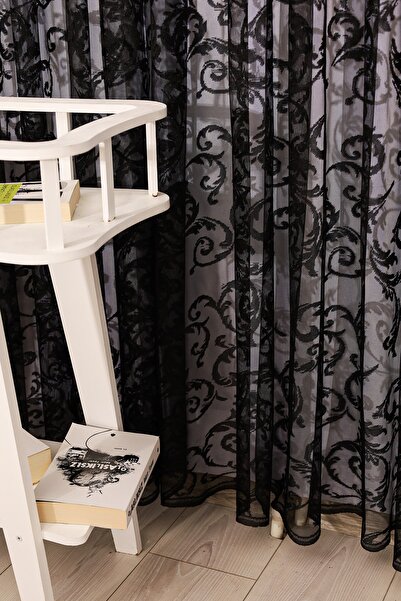 Ta-Ha Perde ve Halı Shawl Pattern Black Knitted Inner Tulle and Background Complete Set Sparse Pleat Tulle Curtain