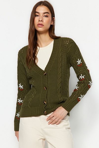 Trendyol Collection Grüner bestickter geflochtener Strick-Cardigan TWOAW22HI0236