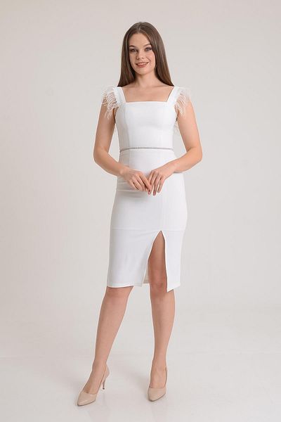 SpringStore Rochie de seară cu guler pătrat cu pene ecru