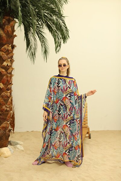 She Sea Mini Renki Yaprak Desenli Şifon Plaj Elbisesi