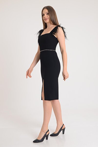 SpringStore Siyah Omuzu Tüylü Kare Yaka Abiye Elbise