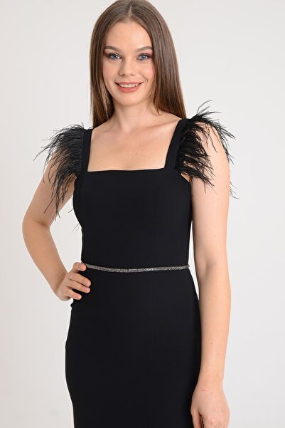 SpringStore Siyah Omuzu Tüylü Kare Yaka Abiye Elbise