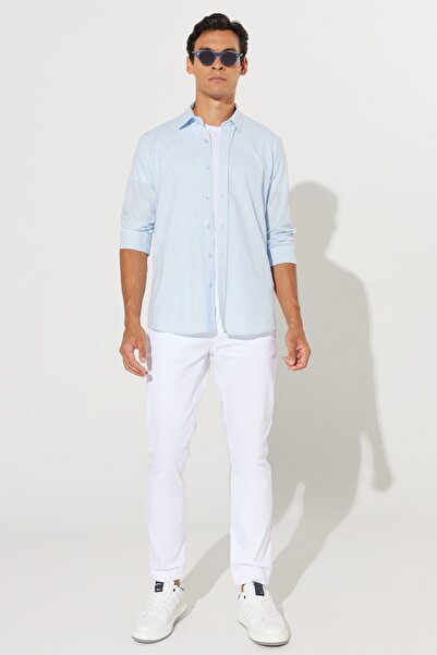AC&Co / Altınyıldız Classics Men's Light Blue Slim Fit Slim Fit Oxford Button Collar Linen Look 100% Cotton Flared Shirt