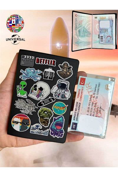 Cekuonline Vintage Sticker Patterned Smooth Surface Leather Passport Cover Container Suitable for All Country Passports