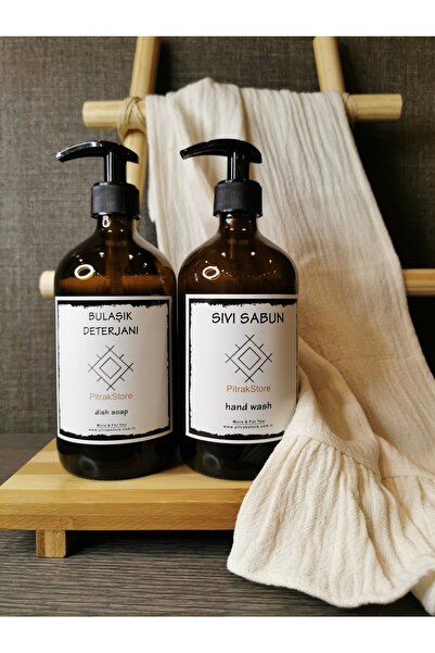 PitrakStore Bambu Stantlı 2'li Amber Cam Sıvı Sabun Bulaşık Deterjanı Şişesi ...
