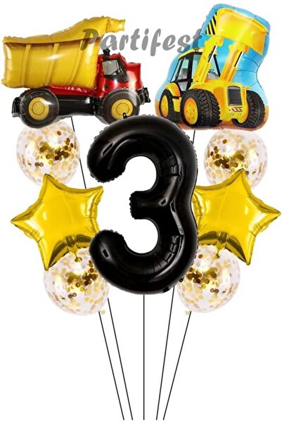 Parti Station Kamyon Dozer Kepçe Inşaat 3 Yaş Balon Set Yıldız Balon Set Kamy...