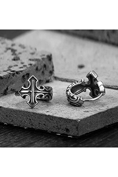 Viking Haç Sembollü Gotik Desenli Halka Geçirmeli 316L Çelik Erkek Küpe