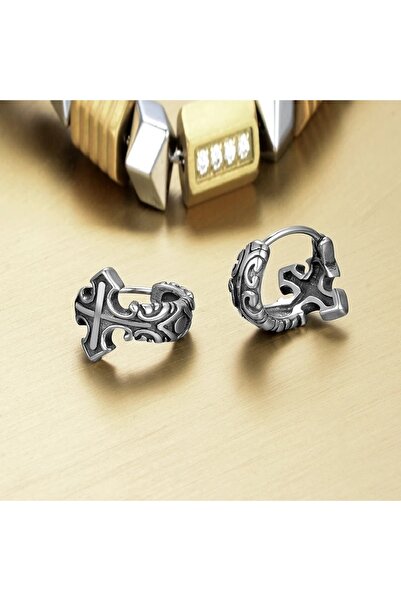 Viking Haç Sembollü Gotik Desenli Halka Geçirmeli 316L Çelik Erkek Küpe