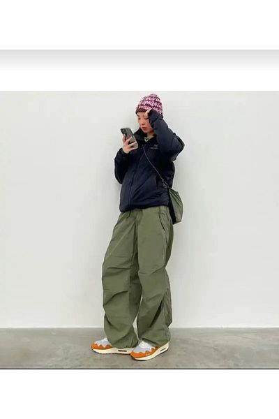 DEFLİNMODA Y2k Χακί φαρδύ τακτικό παντελόνι αλεξίπτωτου