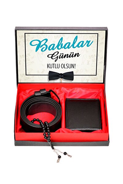 High Class Deri Babalar Gününe Özel Cüzdan & Kemer & Tesbih Set Hediye Kutusu