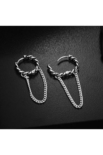 Viking Knitted Model Large Size Chain Accessory Ring Snap 316L Steel Men's Earrings