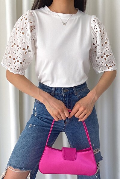 FEMELLE Dámské bílé bavlněné tričko s vroubkovanou výšivkou