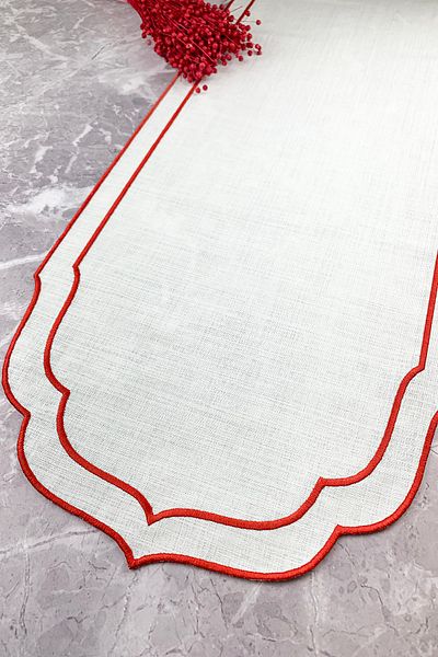 WEARE2 Red Color Double Wrap Embroidered 40x140 Cm Linen Effect Runner