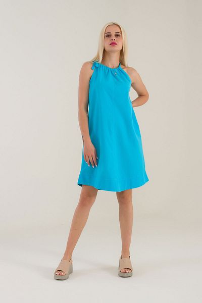 Bold & Young Rochie de bumbac de buzunar, de culoare albastră, cu gât cu șalter