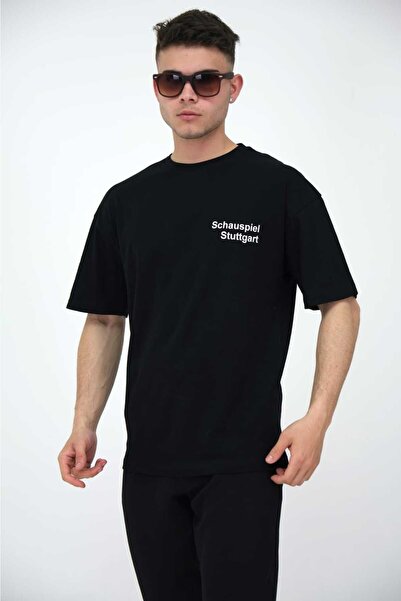 FREZZBİ تي شيرت رجالي كبير الحجم بياقة دائرية وأكمام قصيرة مطبوع عليه نص