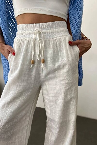 Lady Pixie Beli Lastikli Boru Paça Keten Pantolon