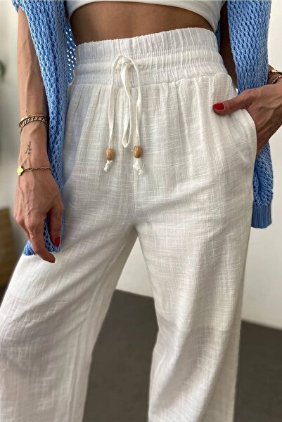 Lady Pixie Beli Lastikli Boru Paça Keten Pantolon