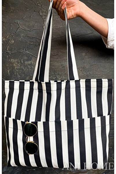 Anı Home Siyah Beyaz Plaj Ve Omuz Çantası Duck Kumaş