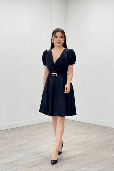 giyimmasalı Satin Fabric Midi Evening Dress with Belt Detail - BLACK