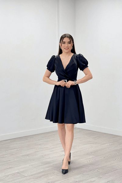 giyimmasalı Satin Fabric Midi Evening Dress with Belt Detail - BLACK