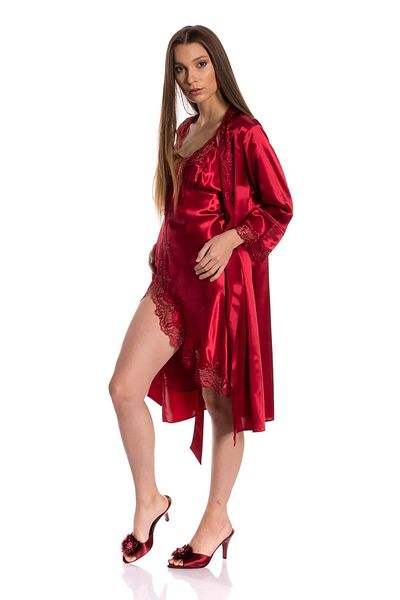 Espuar Burgundy Lace Detailed Satin Double Nightgown Dressing Gown Set