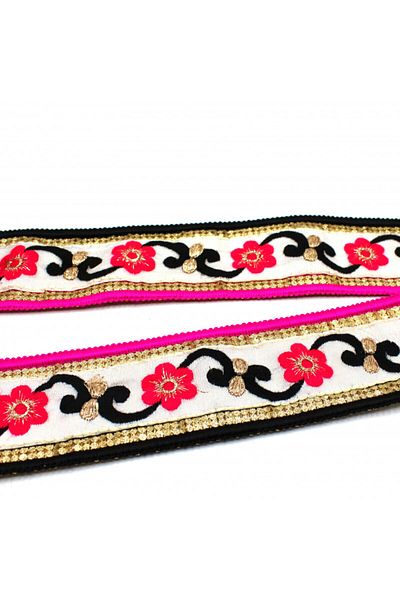 Turgut Brode Indian Handwork Stripe Flower Motif Pink-Black