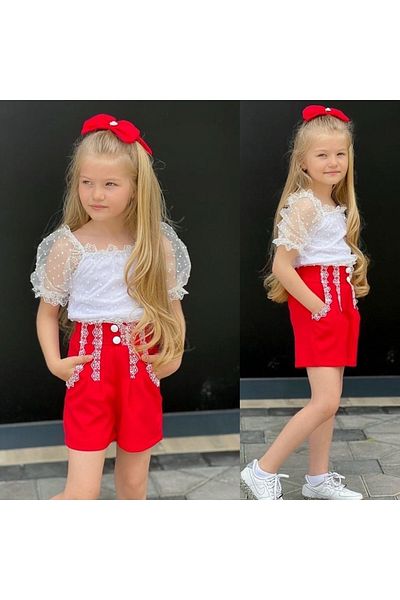 Calisa قميص بناتي أبيض مع شورت برتقالي بإبزيم مناسب لملابس العيد
