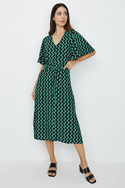 Select Moda Γυναικείο πράσινο φόρεμα με κουμπιά μπροστά με λαιμόκοψη V