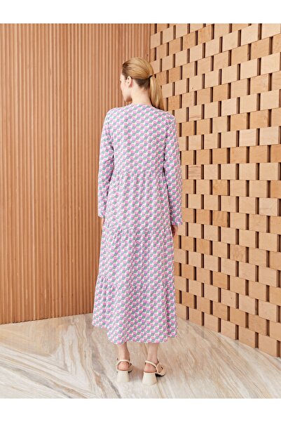 LC Waikiki Gemustertes, langärmliges Damenkleid mit Rundhalsausschnitt