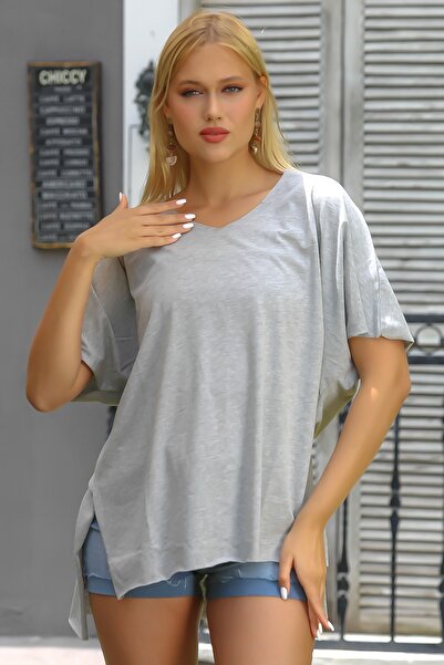 Chiccy Gray V-Neck Low Sleeve Slit Knitted Oversize T-Shirt