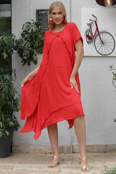 Chiccy Red Boat Neck Low Sleeve Lined Woven Wide Cut Dress