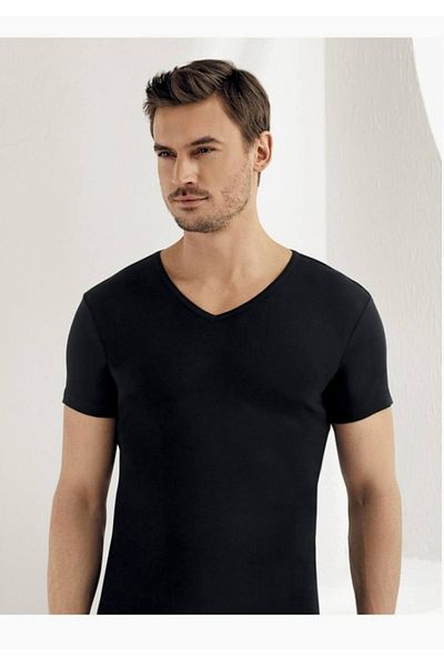 Şahinler New Season Men's Black V-Neck Short Sleeve Undershirt - M Sh 2 Pieces Economic Package