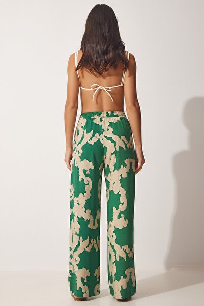 Happiness İstanbul Grün-beige gemustertes Viskose-Kimono-Palazzo-Hosenset für Damen CI00086