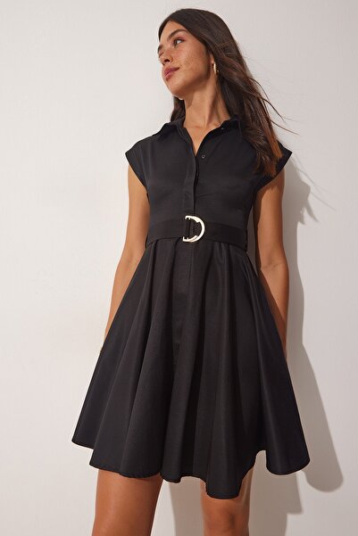 Happiness İstanbul Dámské černé letní šaty A-Line s páskem FN03060