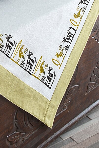 ÖDEL HOME Buldan Fabric Bordered Stone Printed Ethnic Patterned Tablecloth