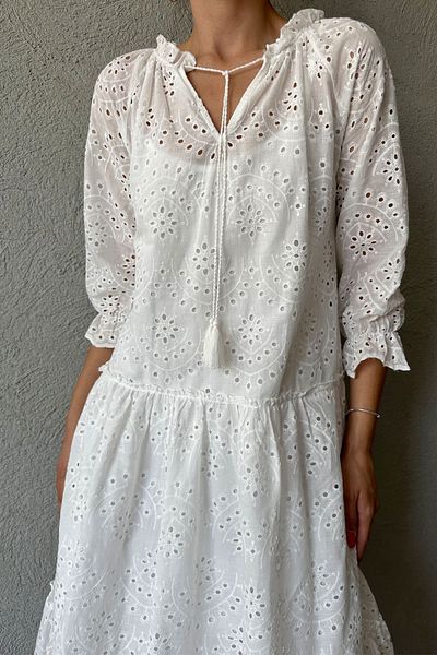 Seda Yalçın Atelier White Embroidery Lined Midi Dress