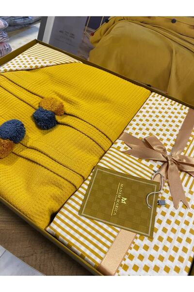 argehome Çift Kişilik Ponponlu Pike Takımı Hardal