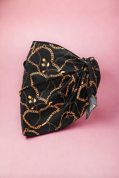 pistore Black Chain Shawl Pattern Patterned Short Pareo Satin No Inner Display Women's Beach Dress New Season